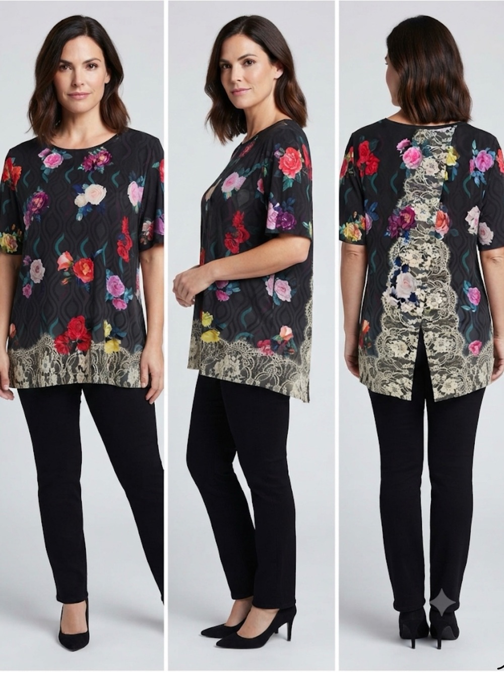 Johnny Was Bee Floral Rose Short Sleeve Tunic Multicolor Top size XL NWT